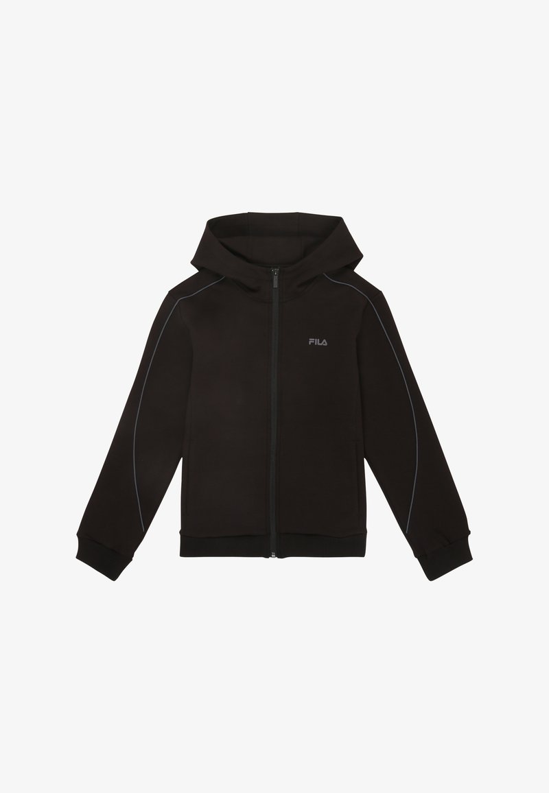 Svart zip-up hoodie i mjukt material, med huva, ribbade muddkanter och blå accentstickningar längs axlarna. Fila-logotyp på bröstet.