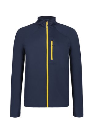 Chaqueta azul marino con un alto cuello, cremallera amarilla en la parte frontal, y un bolsillo en el pecho. Textura suave y diseño ligero para un uso activo.