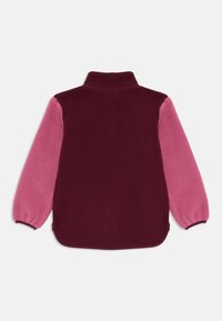 Flis zelenjava s maroon hrbtom in roza rokavi. Visok ovratnik in elastični manšeti. Teksturna tkanina z mehkimi občutki. Ukrivljen rob .