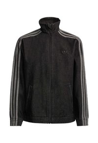 Svart zip-up jacka med hög krage, har en grå tre-randig design på ärmarna, elastiska mudd och två sidofickor.