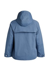 Giacca impermeabile blu con cappuccio, linguetta posteriore e polsini con bottoni a pressione. Realizzata in tessuto liscio e resistente con una vestibilità comoda.