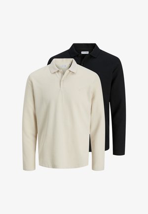 To langærmede poloshirts, én beige og én sort, med knappede kraver vist på en hvid baggrund.