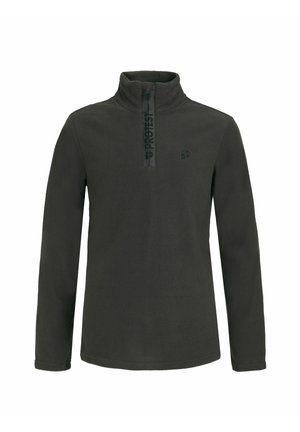 Pile grigio scuro con maniche lunghe, collo alto e una corta cerniera frontale con marchio verticale.