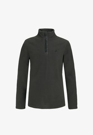 Pull polaire gris foncé à manches longues, col montant et une courte fermeture éclair à l'avant avec un marquage vertical.