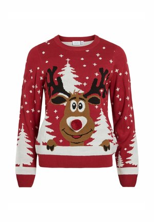 Suéter rojo con un diseño de reno, árboles blancos y estrellas. Elementos destacados incluyen una nariz de pom-pom rojo en 3D y texturas tejidas.
