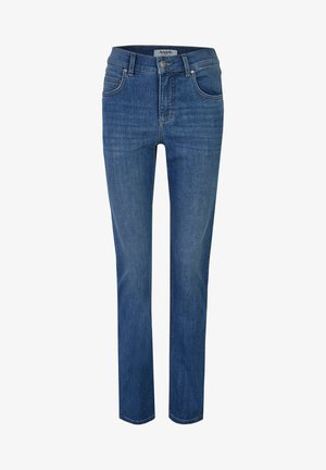 Slim-fit jeans van donkerblauwe denim, met een vijf-pocket ontwerp, rechte pijpen en subtiele stikdetails.