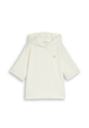 Kreemikas lühikeste varrukatega kapuutsiga dressipluus, millel on vasakul rinnal väike tikitud lehedetail ja laiad voltidega mansetid.