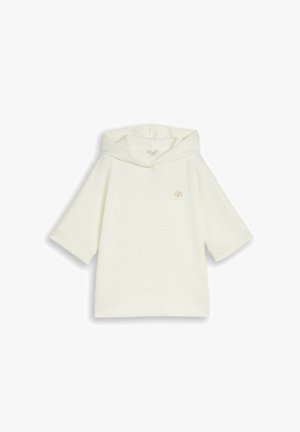 Kreemikas lühikeste varrukatega kapuutsiga dressipluus, millel on vasakul rinnal väike tikitud lehedetail ja laiad voltidega mansetid.