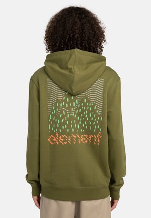 Olive green hoodie with a large graphic featuring mountains, rain, and the word "element" in orange, set against horizontal stripes. Soft fabric.