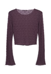 Top in pizzo a maniche lunghe di colore viola intenso con un design aderente e corto. Presenta un colletto rotondo e un intricato motivo floreale su tutta la superficie.