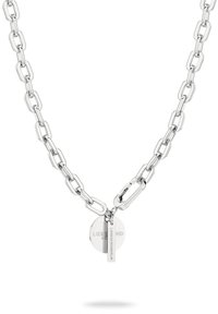 Zilveren ketting met langwerpige schakels, een ronde hanger en een platte tag met "LIEBESKIND BERLIN" gegraveerd. Glad, gepolijst afwerking.