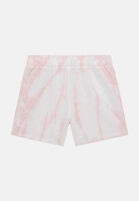 Shorts ușori din bumbac, albi, cu un model tie-dye în nuanțe de roz, având un talie elastică și o textură netedă.
