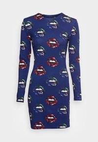Navy blue long-sleeve fitted dress with colorful floral patterned lips in red, blue, green, and purple scattered across the fabric.