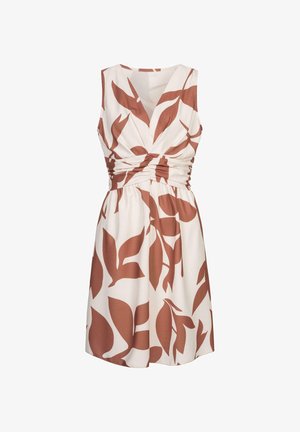 Mouwloze jurk met V-hals, gemaakt van witte stof en een groot bruin bladvormig patroon, met rimpelingen bij de taille voor een geplisseerd ontwerp.