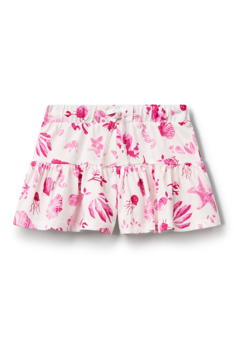 Katoenen shorts met een uitlopende snit, witte basiskleur met roze maritieme prints, waaronder kwal, schelpen en sterren. 
