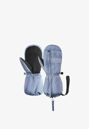 Muffole di tessuto blu con un palmo in texture nera, polsini elasticizzati e una chiusura con zip su un lato. Include una tracolla per una vestibilità sicura.