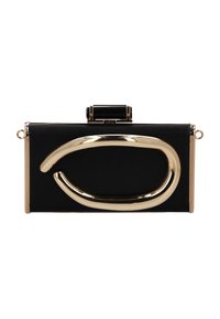 Black clutch bag featuring a large gold-tone metal accent, rectangular shape, smooth exterior, and a black top clasp.