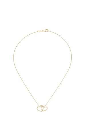 Gold chain necklace with two interlocking heart pendants, one plain and one partially encrusted with small clear stones, on a white background.