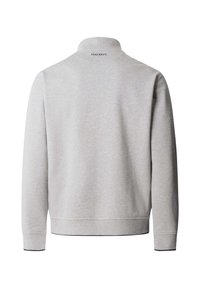 Svetlosivý pulóver s dlhým rukávom, stojatým golierom a potlačou loga „Hackett“ v hornej strednej časti na chrbte.