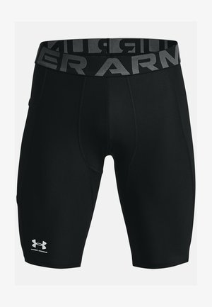 Pantaloni scurți sport negri, cu o textură netedă, talie elastică cu inscripția 'Under Armour' în gri și buzunare laterale.