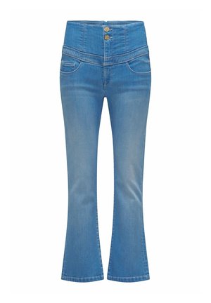 Vaqueros de mezclilla azul claro de cintura alta con bolsillos delanteros, dos botones y ligera campana en la parte inferior.