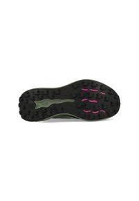 Schwarze Sport-Schuhsohle mit einem Wellenmuster, die rosa Akzente und multidirektionale Stollen für Traktion aufweist. Olivgrüne Zwischensohle.