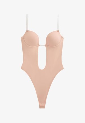 Lichaamskleurige body met diepe halslijn, beugelcups, verstelbare witte schouderbandjes en een sluiting aan de voorkant.