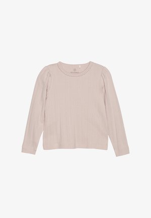 Helles rosa Langarmshirt aus geripptem Stoff. Hat einen runden Halsausschnitt und gepuffte Ärmel mit einer gewellten Kante am Kragen.