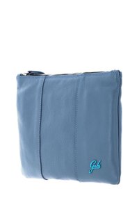 Pochette in pelle blu con una texture liscia, chiusura con zip e un design cucito. Presenta un piccolo logo turchese a contrasto sul davanti.