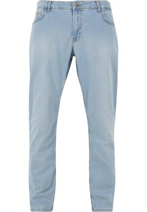 Light blue denim jeans with front button and zipper, five-pocket style, and straight leg cut.