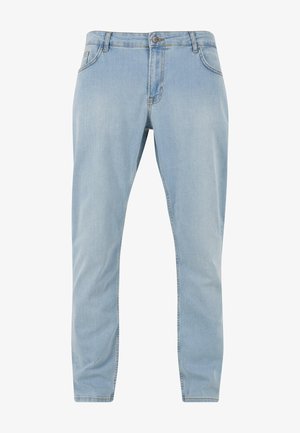 Hellblaue Jeans aus Denim mit Vorderknopf und Reißverschluss, Fünf-Taschen-Stil und geradem Bein-Design.