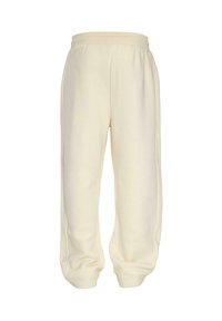 Cremefarbene Fleece-Sweatpants mit einem elastischen Bund und geschlossenen Bündchen, von vorne auf weißem Hintergrund dargestellt.