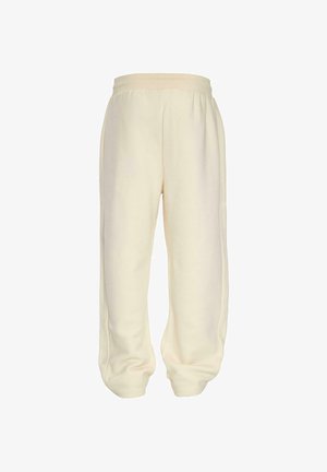 Cremefarbene Fleece-Sweatpants mit einem elastischen Bund und geschlossenen Bündchen, von vorne auf weißem Hintergrund dargestellt.