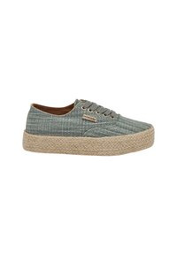 Scarpe in tessuto con un design a strisce verdi e bianche, tomaia in tela, punta rotonda e suola in corda di juta. Presentano occhielli per lacci beige e una soletta.