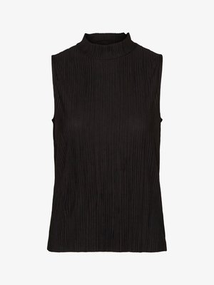 Haut sans manches noir avec un col montant, présentant une texture côtelée verticale et une coupe droite. Tissu doux et extensible.