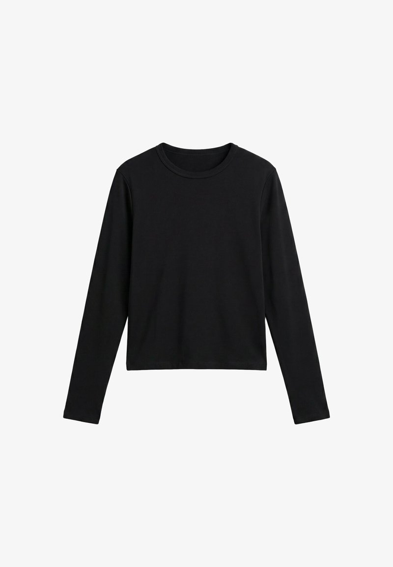 T-shirt noir à manches longues avec col rond et ourlet droit, présenté à plat sur fond blanc.