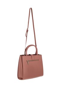 Rózsaszín műbőr kézitáska strukturált formával, felső fogantyúkkal és levehető vállpánttal. Elöl cipzáras zsebbel és aranyszínű fémrészekkel rendelkezik.