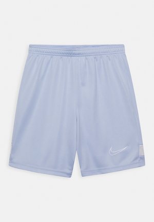 Shorts de sport bleu clair en tissu lisse avec une taille élastique et un logo Nike blanc en bas à gauche.