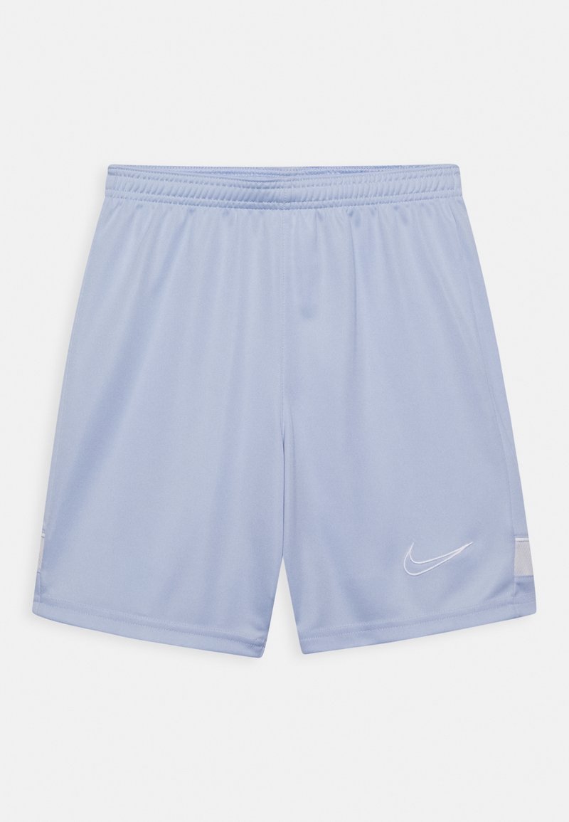 Light blue athletic shorts made from smooth fabric with an elastic waistband and a white Nike logo on the lower left side.