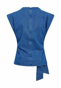 Sinine teksariidest varrukateta top, millel on tekstuurse soonikuga muster, tagak üljel lukk ja vöökoht nöörkinnitusega.