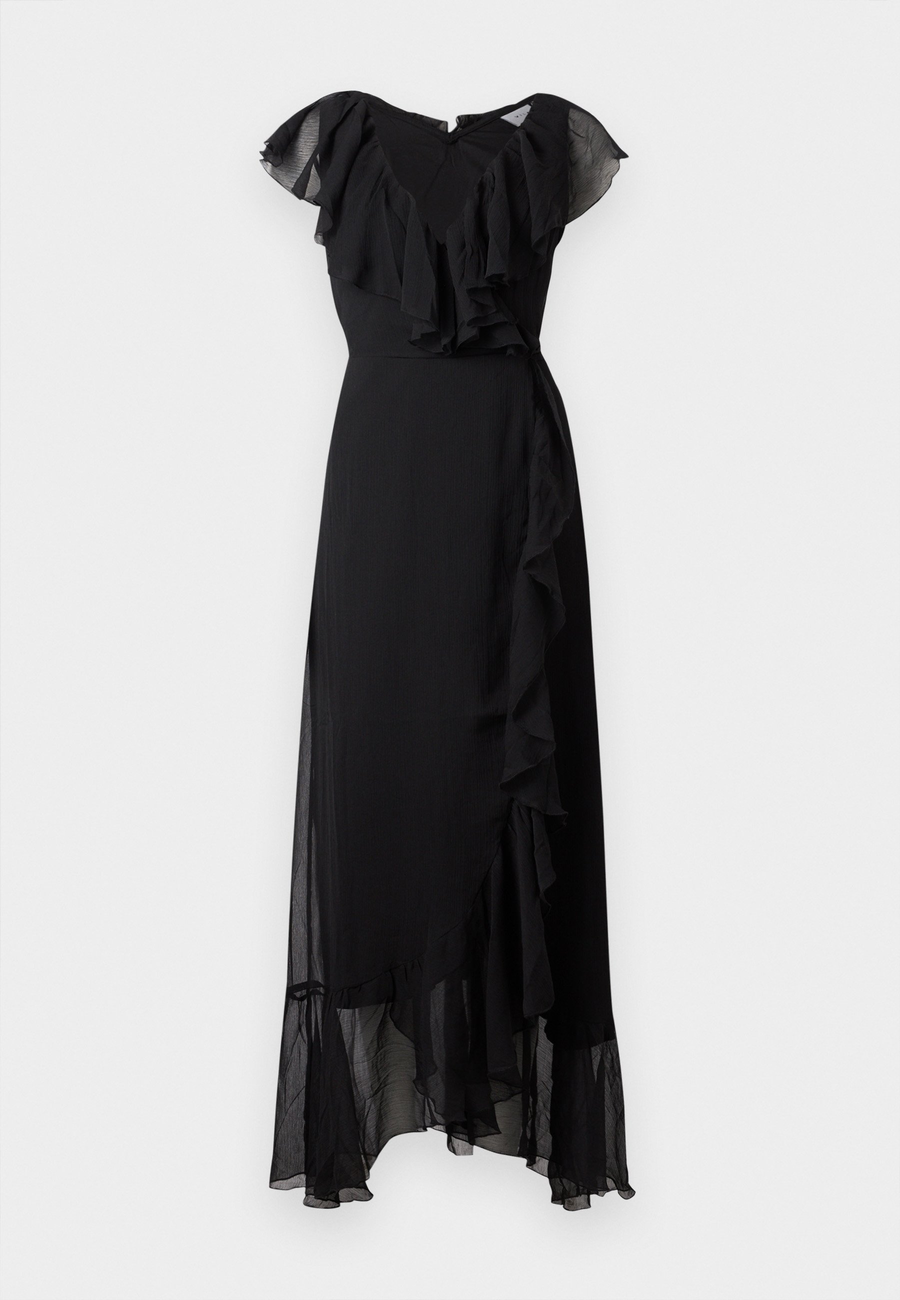 tie neck flounce sleeve asymmetrical hem belted dress