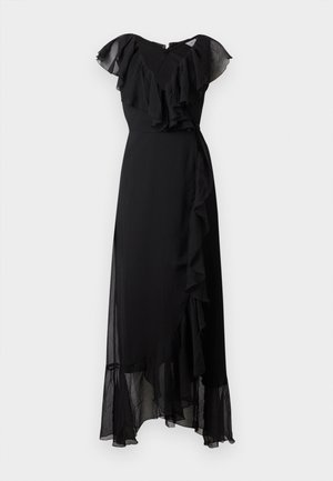 Black sleeveless wrap dress with ruffled V-neckline, flutter sleeves, asymmetrical hem, and layered sheer fabric details.