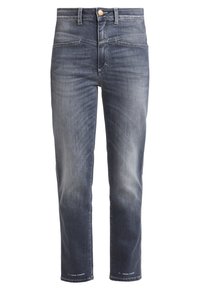 Vaqueros de lavado oscuro con un ligero desvanecimiento, diseño de cinco bolsillos, cierre de botón de metal y corte recto. Textura de denim suave, costuras mínimas.