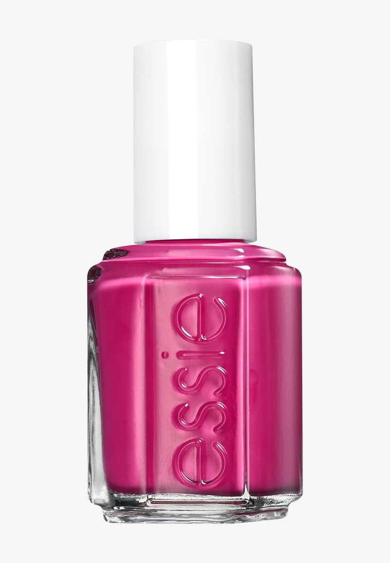 Essie-Nagellack in einem lebendigen rosa Farbton, untergebracht in einer quadratischen Glasflasche mit einem weißen Deckel. Glatte Textur mit glänzendem Finish.