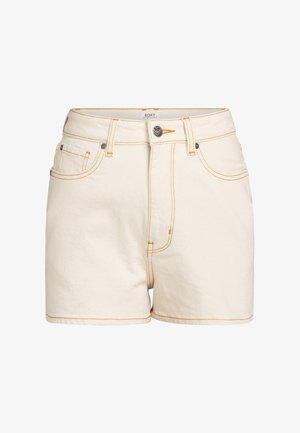 Beige denimsärgiga lühikesed püksid kõrgema vöökohaga, kontrastsete kollaste mööda õmblustega, ees olevate taskutega ja bränditud metallnupuga sulgemine.