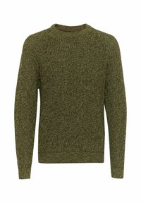 Groene gebreide trui met een ronde hals, gemaakt van textiel met een structuur. Bevat lange mouwen en een geribbelde zoom en manchetten.