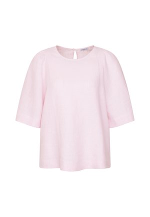 Blusa rosa chiaro a maniche corte con scollo rotondo, vestibilità ampia e chiusura posteriore con bottone e apertura a goccia.