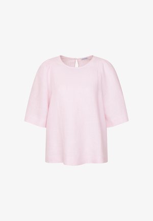 Blusa rosa chiaro a maniche corte con scollo rotondo, vestibilità ampia e chiusura posteriore con bottone e apertura a goccia.