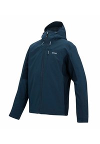 Veste d'extérieur imperméable à capuche bleu marine avec fermeture éclair frontale, poche poitrine et poignets ajustables, avec le logo Regatta sur la poitrine.