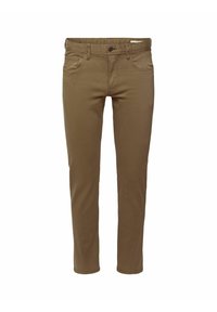 Bruine katoenen broeken met een slim fit, voorzien van een knoopsluiting, vijf zakken en een gladde textuur. Ondoorbroken stiksels accentueren het ontwerp.